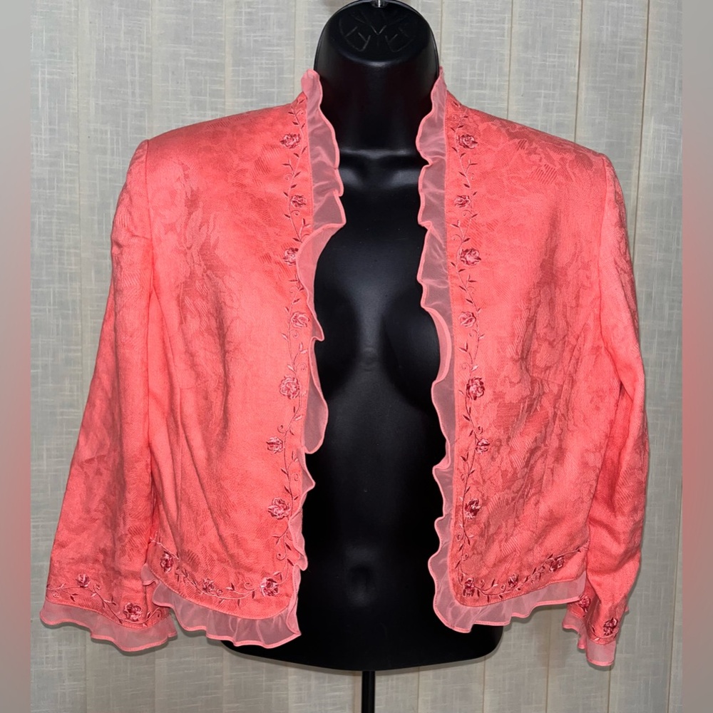 Vintage Plaza South Petite Coral Embroidered Open Front Jacket Sz 8P